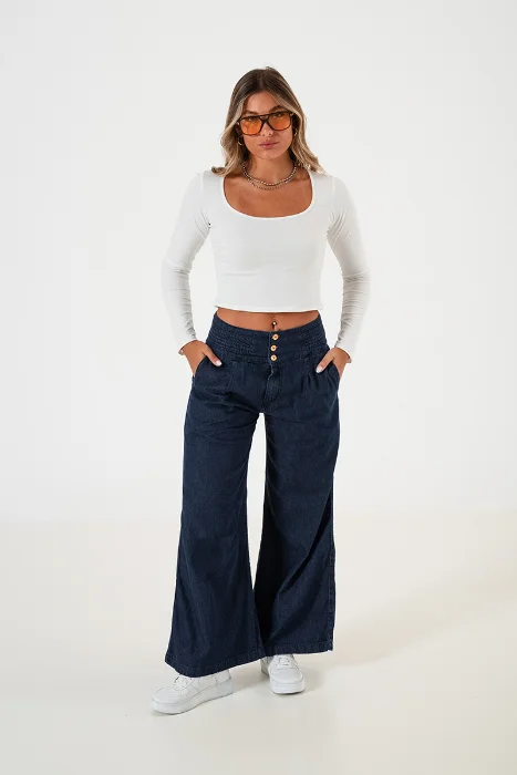 1327.1 Pantalón Cintura Ancha Botones Oscuro