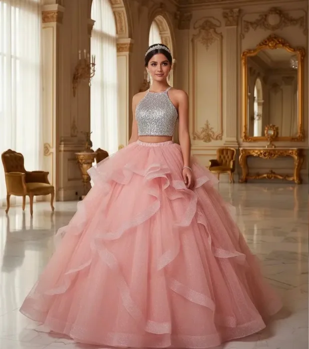 Vestido 15 Años Plata y Salmon