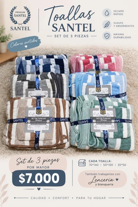 Set de 3 Toallas Rayadas Santel Secado Rápido