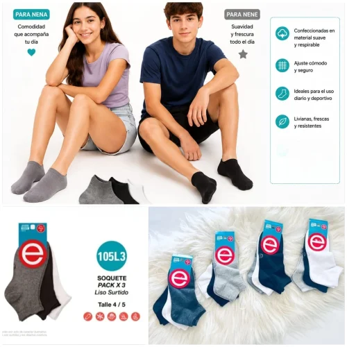 (art:105l.3)elemento Medias Soquete Tripack X3 Unisex Lisas