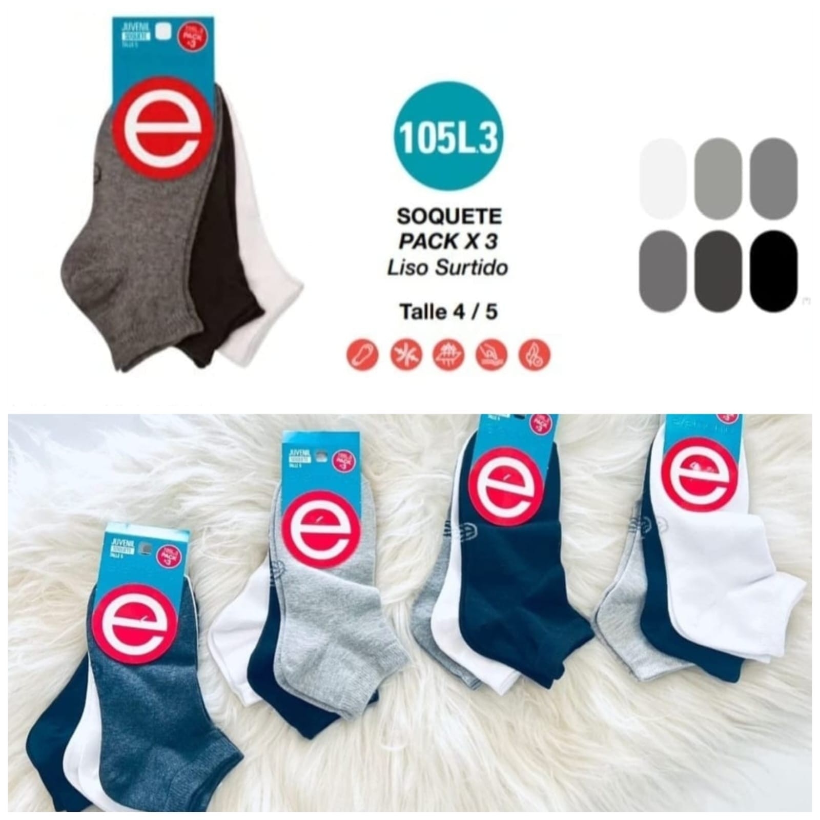 (art:105l.3)elemento Medias Soquete Tripack X3 Unisex Lisas - Imagen 3