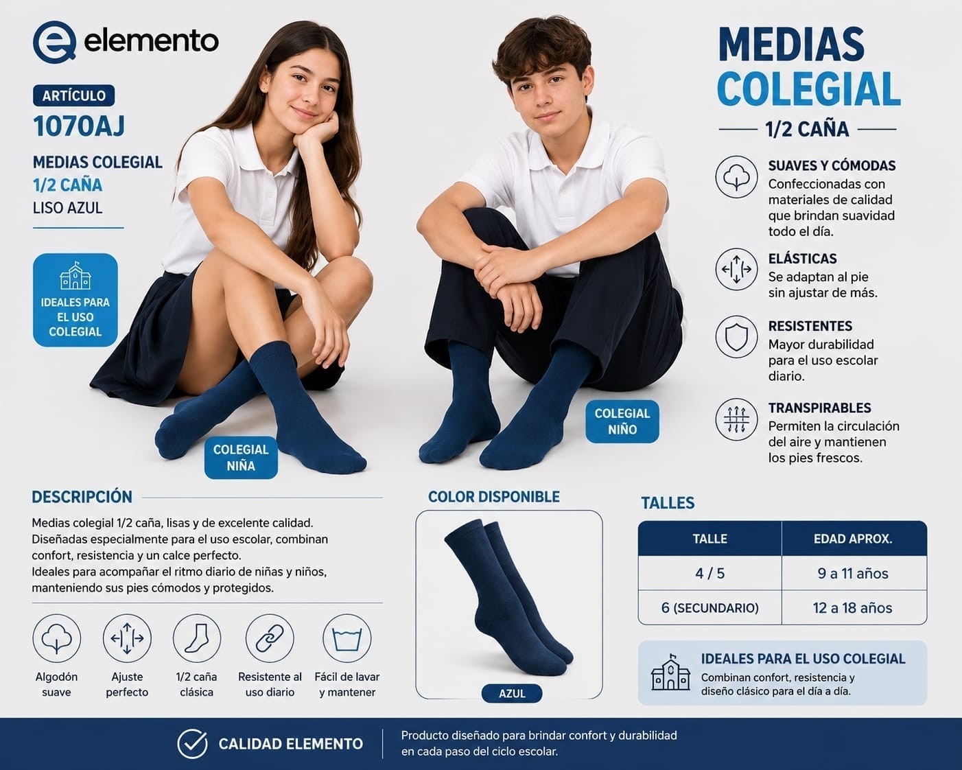 (art:1070aj) Elemento Media Juvenil Colegial 1/2 Caña Unisex Lisas - Imagen 4