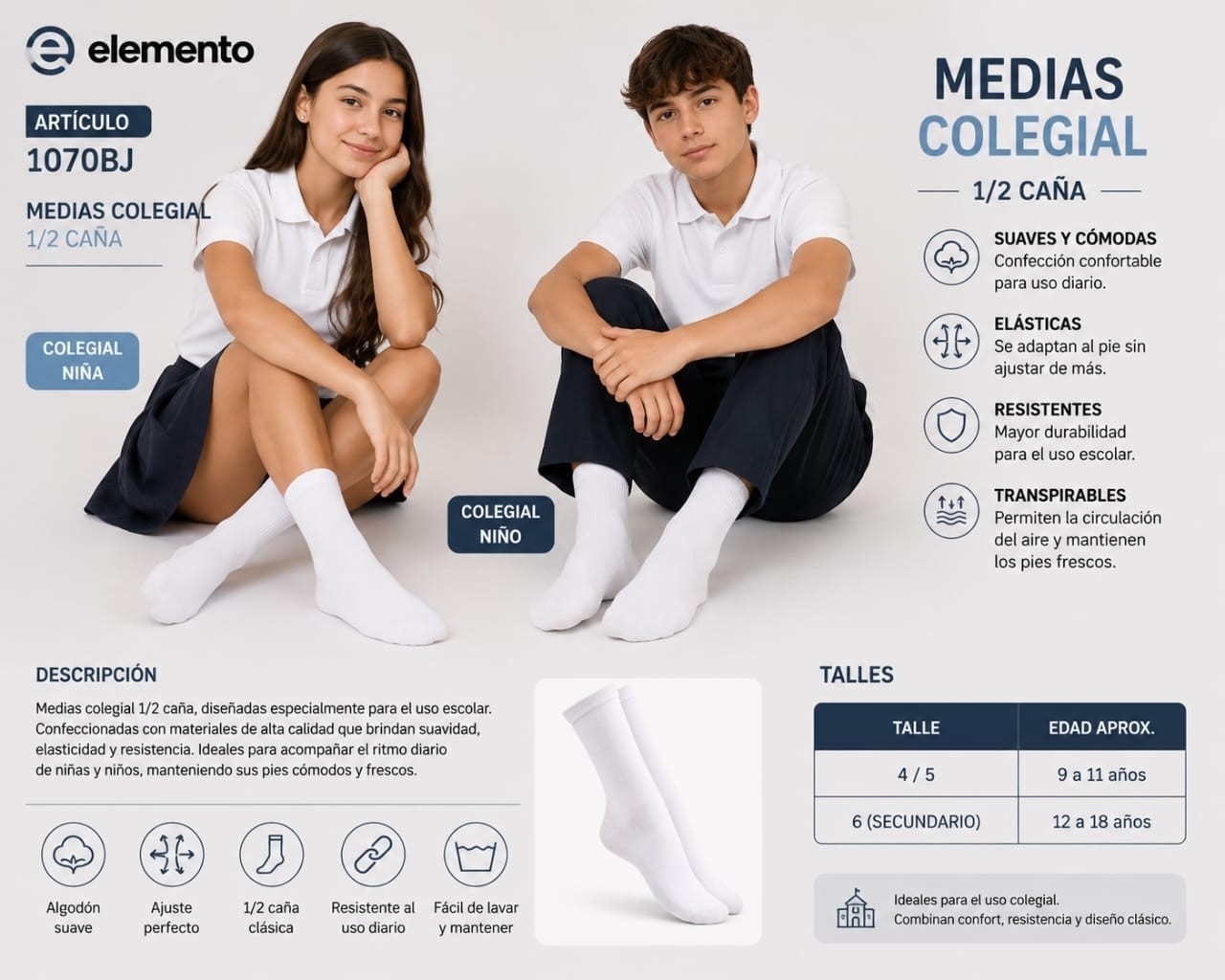 (art:1070bj) Elemento Media Juvenil Colegial 1/2 Caña Unisex Lisas - Imagen 2