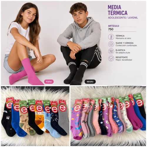 (art:750) Elemento Medias Termica Juvenil  3/4 de Caña Unisex Estampadas