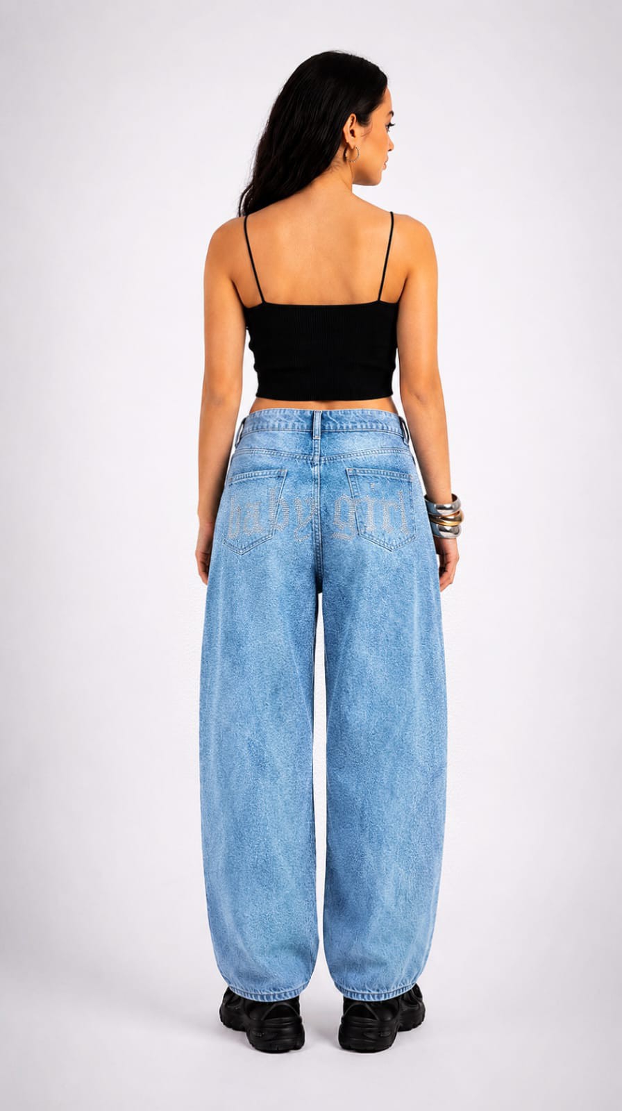 Jean Baggy Strass Regulador Dama Pantalón Ancho Denim Mujer 2000's Ajustable Brillos - Imagen 1