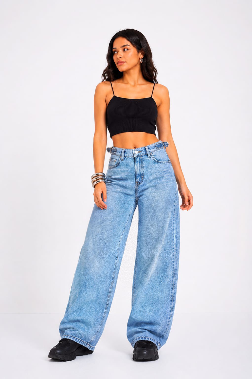 Jean Baggy Strass Regulador Dama Pantalón Ancho Denim Mujer 2000's Ajustable Brillos - Imagen 2