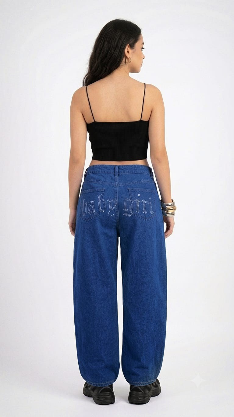 Jean Baggy Strass Regulador Dama Pantalón Ancho Denim Mujer 2000's Ajustable Brillos - Imagen 5