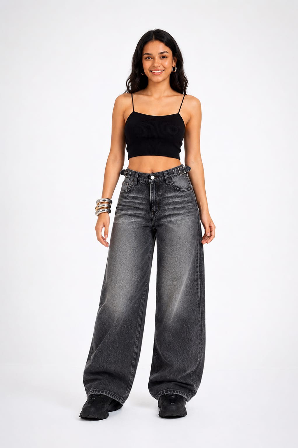 Jean Baggy Strass Regulador Dama Pantalón Ancho Denim Mujer 2000's Ajustable Brillos - Imagen 8