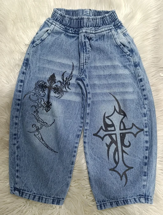 Baggy con Estampado Negro y Elástico