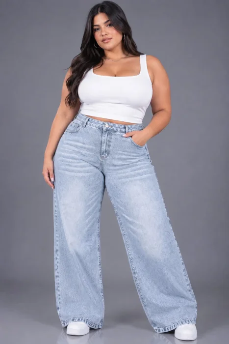 Wide Leg Rigido Celeste C/bigotes