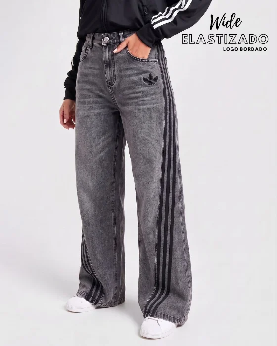 Pantalon Jean Adi Wide Leg Elastizado Bordado Stone-negro