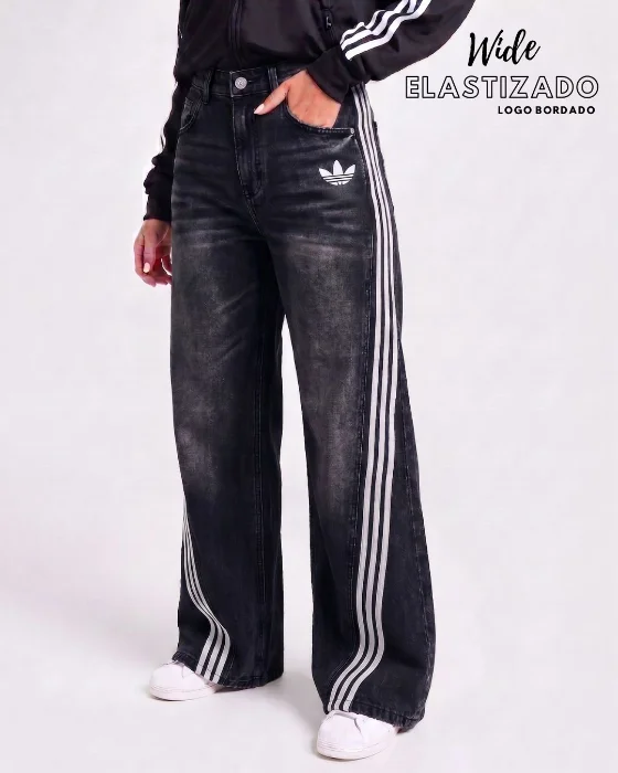 Pantalon Jean Adi Wide Leg Elastizado Bordado Negro-blanco