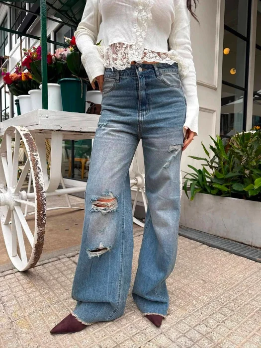Baggy  Matizado Oxido  con Roturas con Recorte Lateral Denim Rigido Premium