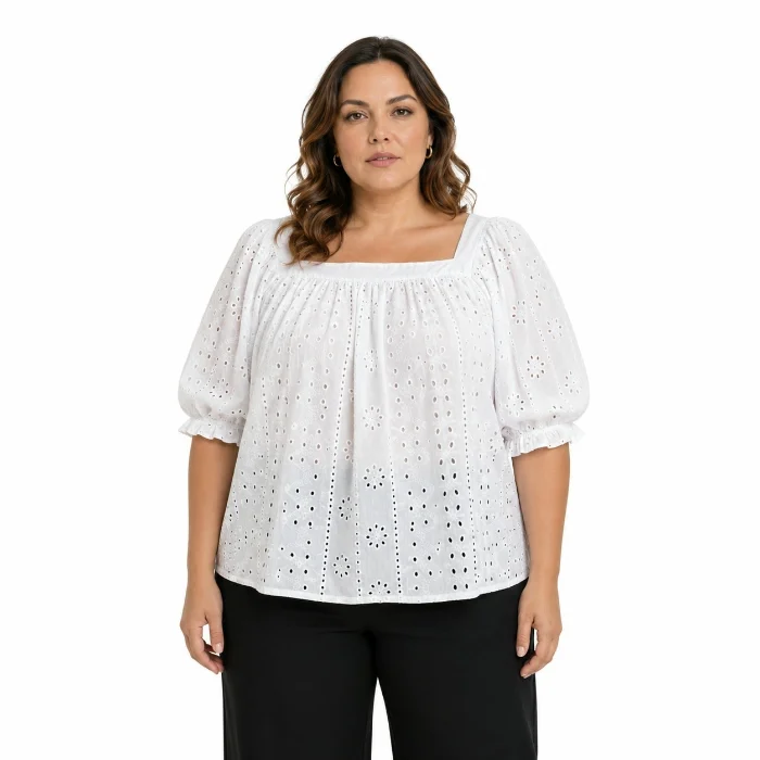 Blusa de Poplin Cuadrado con Broderie