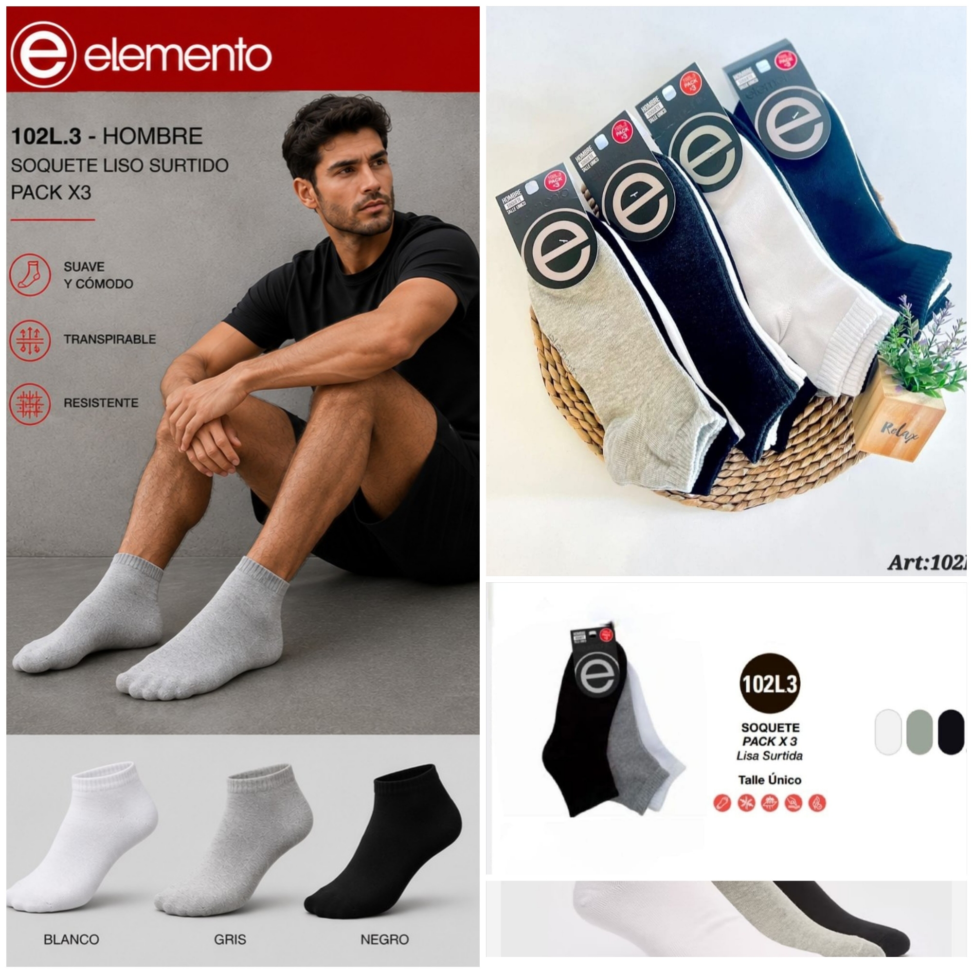 (art:102l.3) Elemento Soquete Tripack X3 Liso Hombre - Imagen 1