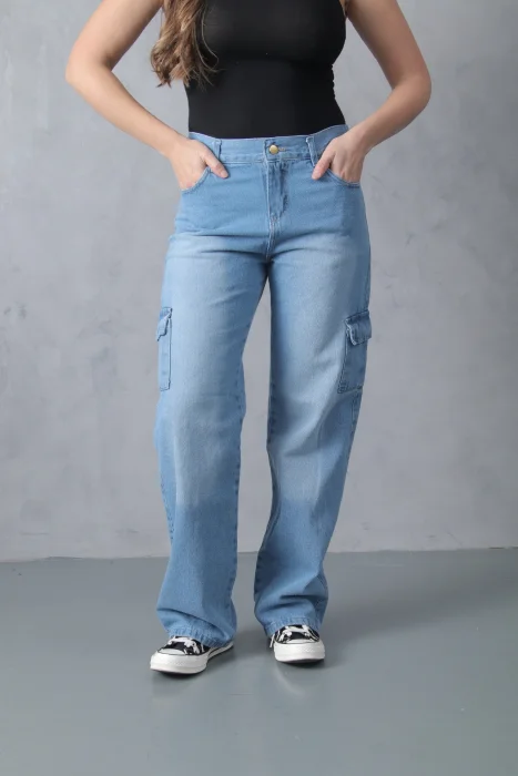 Wide Leg Celeste Localizado Cargo, Rigido