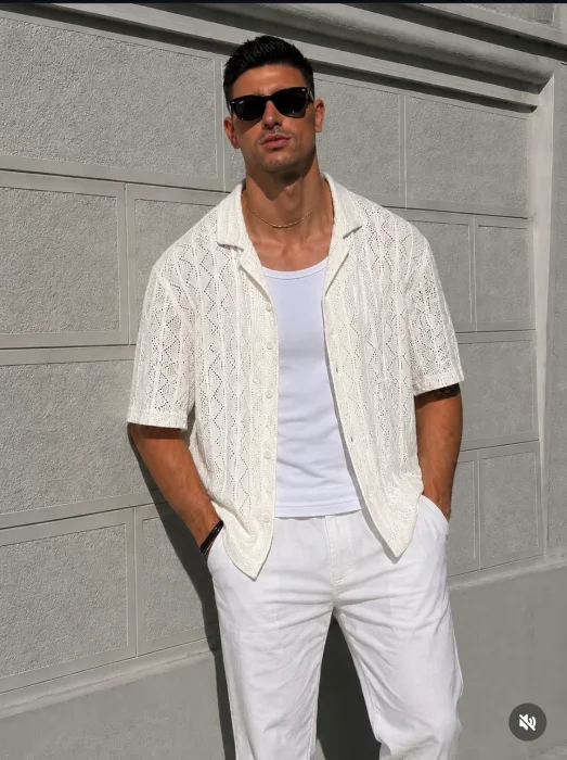Camisa Cuello Cubano Crochet Tejido Calado Manga Corte