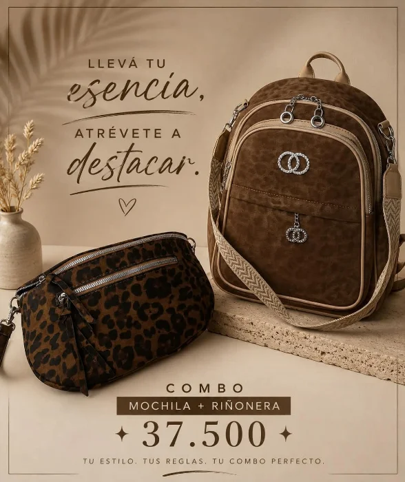 Combo Mochila + Riñonera Animal Print Gamuzado Excelente Calidad