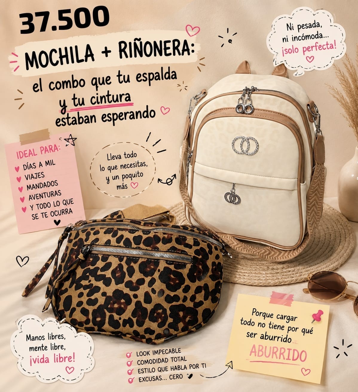 Combo Mochila + Riñonera Animal Print Gamuzado Excelente Calidad - Imagen 2