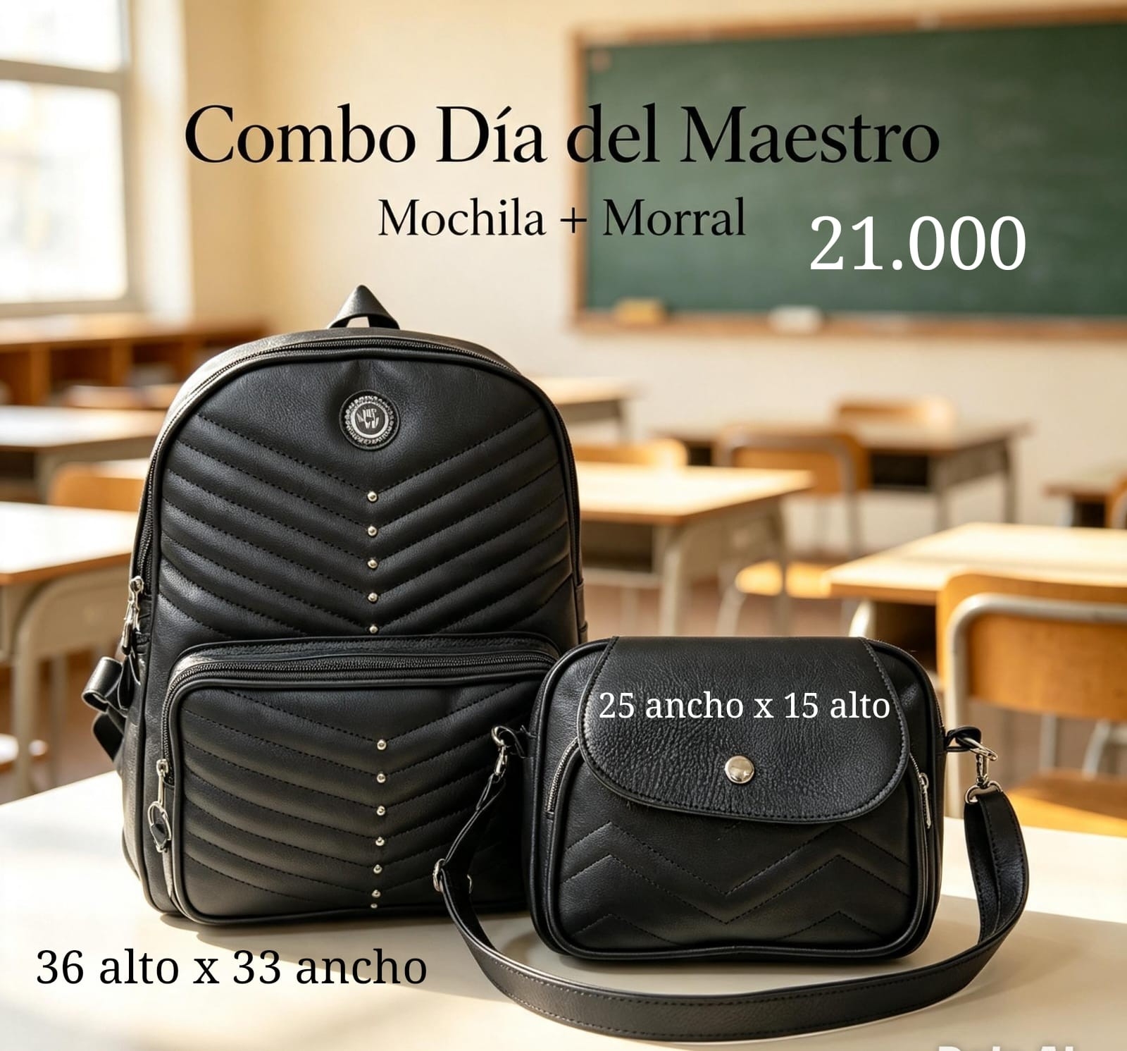 Combo Mochila + Morral Cruzado Cuero Ecológico Excelente Calidad - Imagen 2