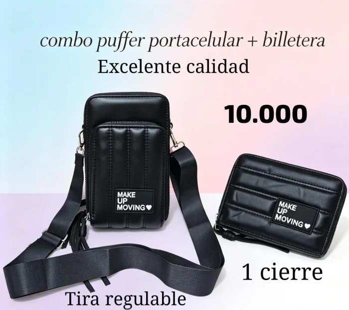 Combo Puffer Porta Celular + Billetera 1 Cierre Cuero Pu Excelente Calidad