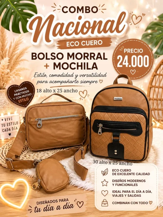 Combo Nacional Eco Cuero Bolso Morral + Mochila