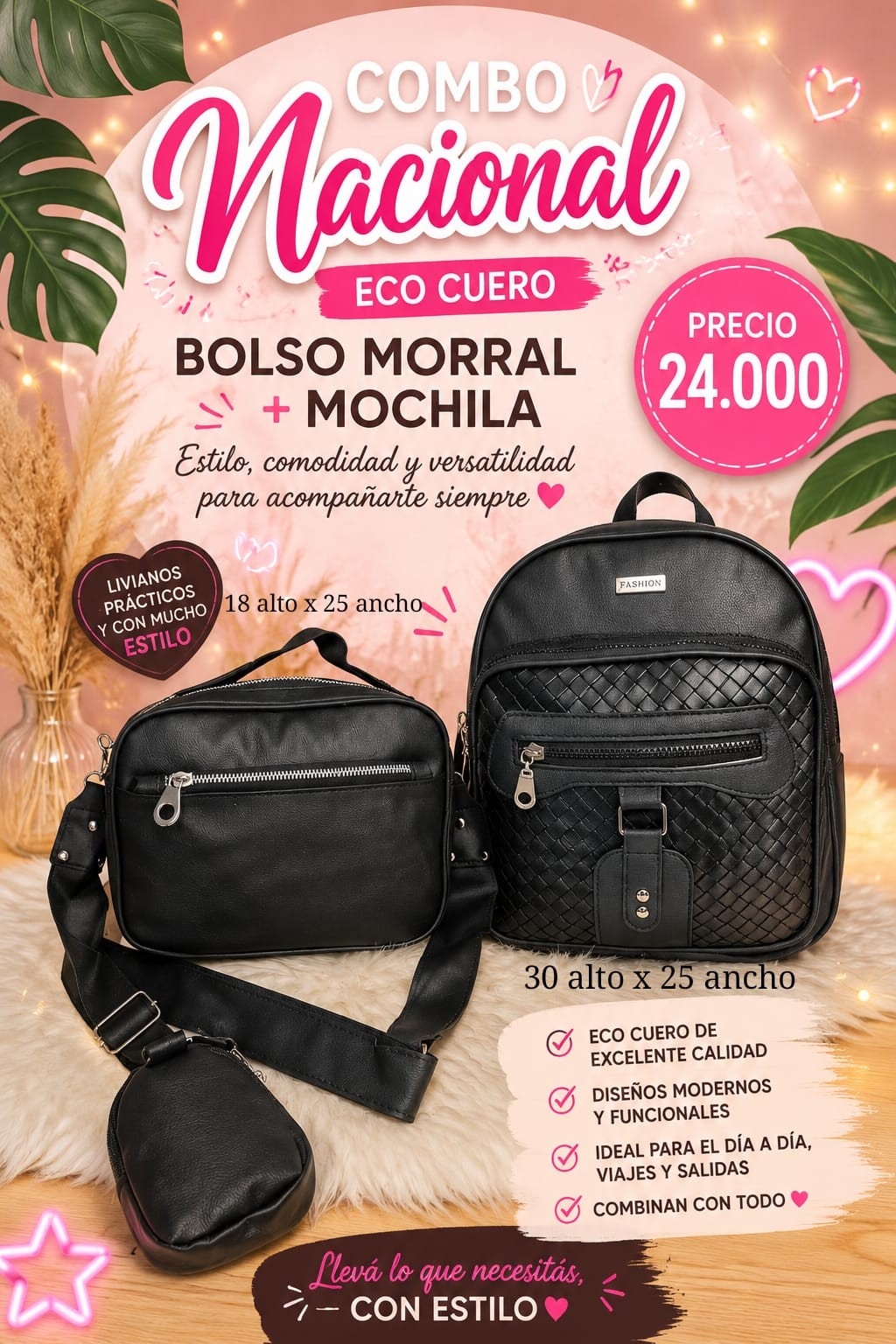 Combo Nacional Eco Cuero Bolso Morral + Mochila - Imagen 2