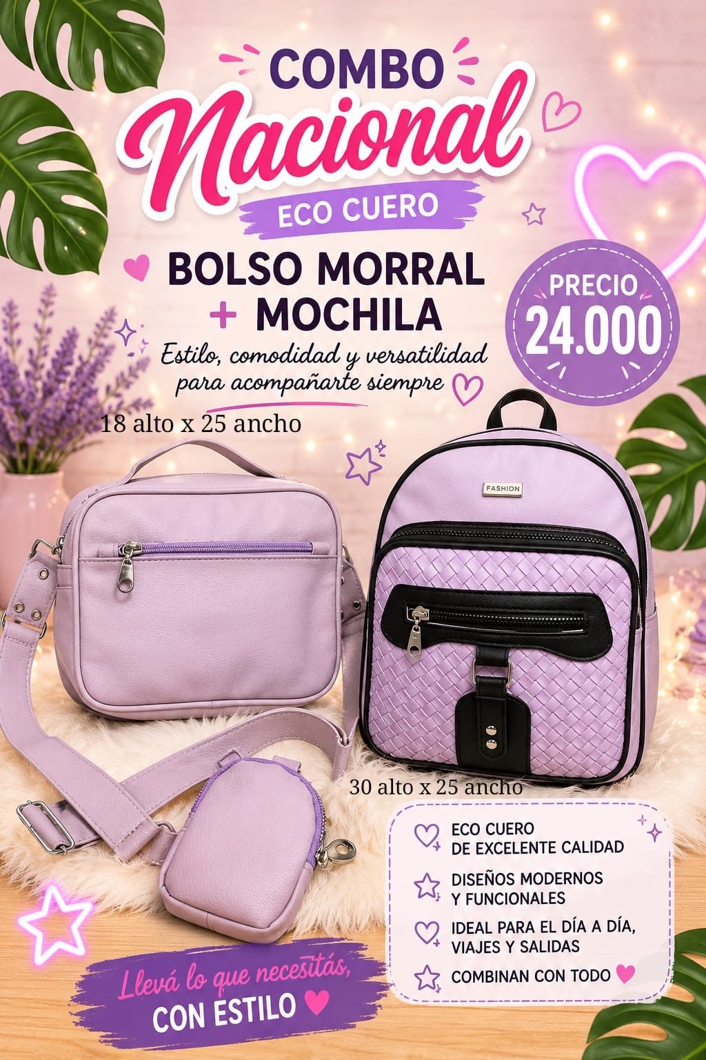 Combo Nacional Eco Cuero Bolso Morral + Mochila - Imagen 3