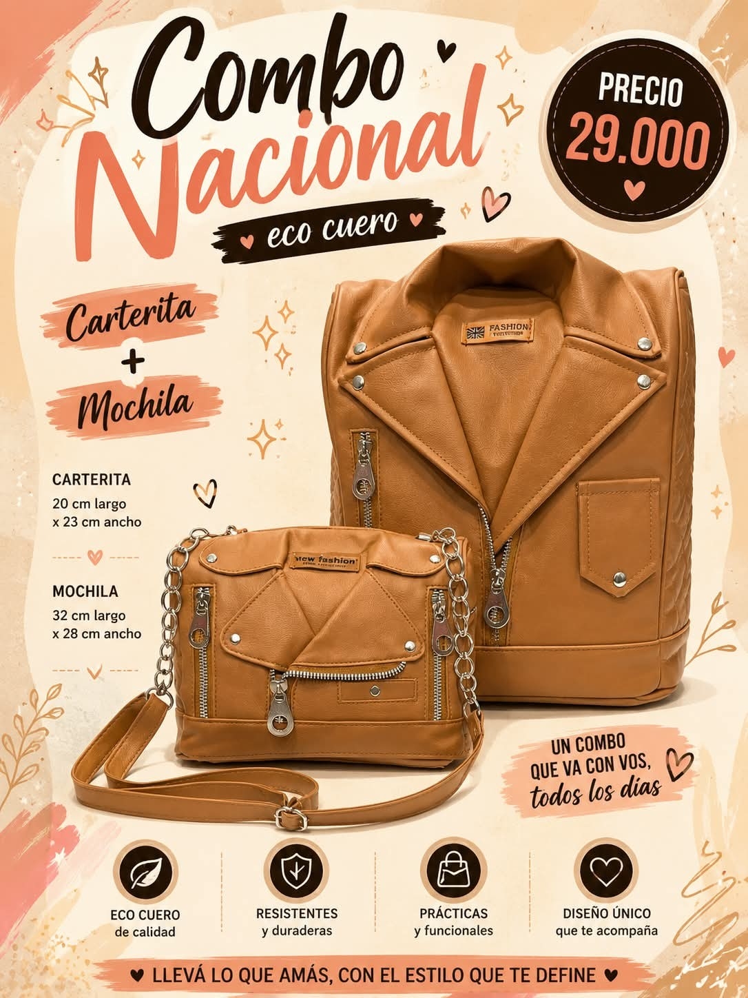 Combo Eco Cuero Mochila Campera + Carterita Morral Campera - Imagen 1