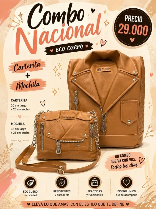 Combo Eco Cuero Mochila Campera + Carterita Morral Campera