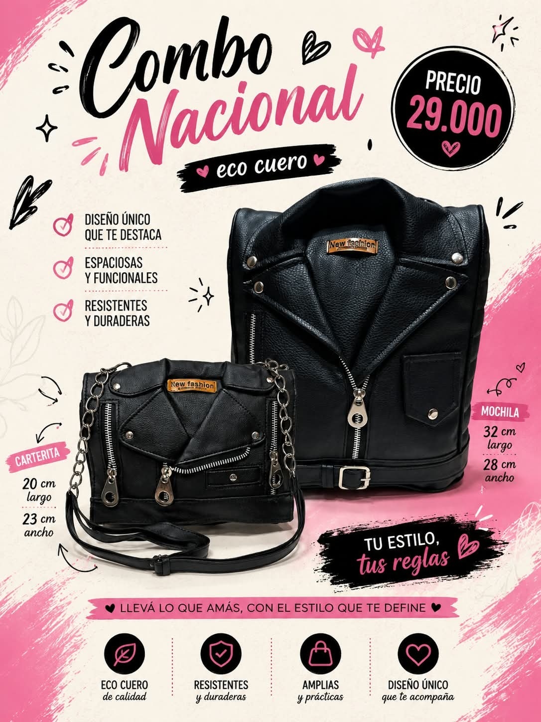 Combo Eco Cuero Mochila Campera + Carterita Morral Campera - Imagen 2