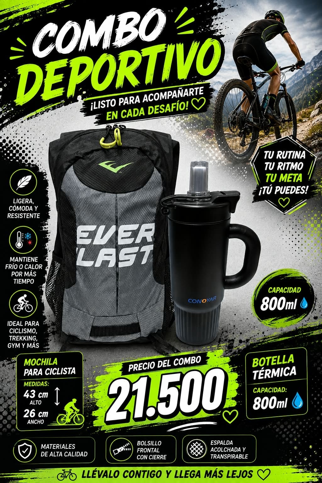 Combo Deportivo Mochila + Botella Termica Excelente Calidad - Imagen 3