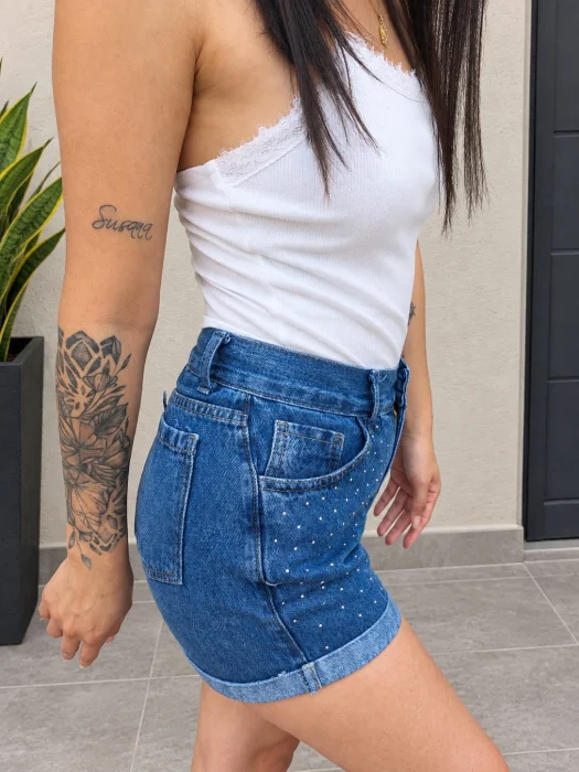 Shorts Rígido con Dobladillo Azul Nevado