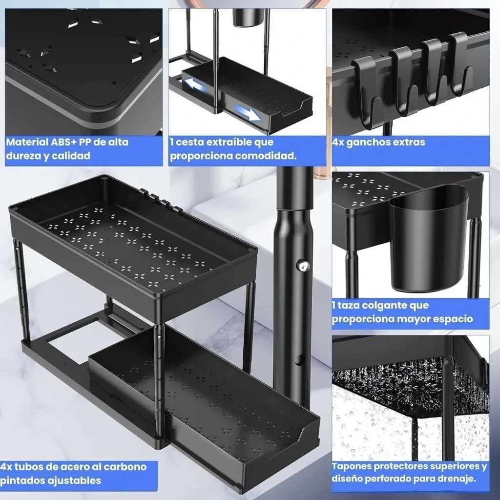 Organizador Extraible 2 Niveles con Ganchos bajo Mesada Baño - Imagen 3