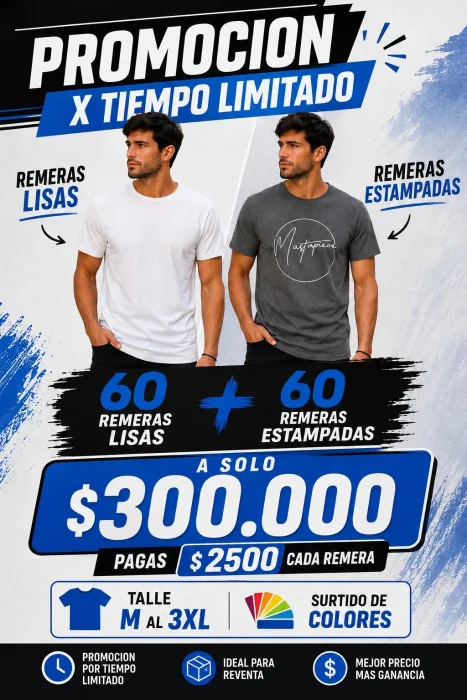 Pack 60 Remeras Hombre Lisas y 60 Estampadas