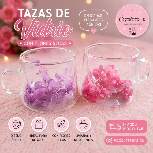 Tazas Vidrio con Doble Fondo y Flores Secas