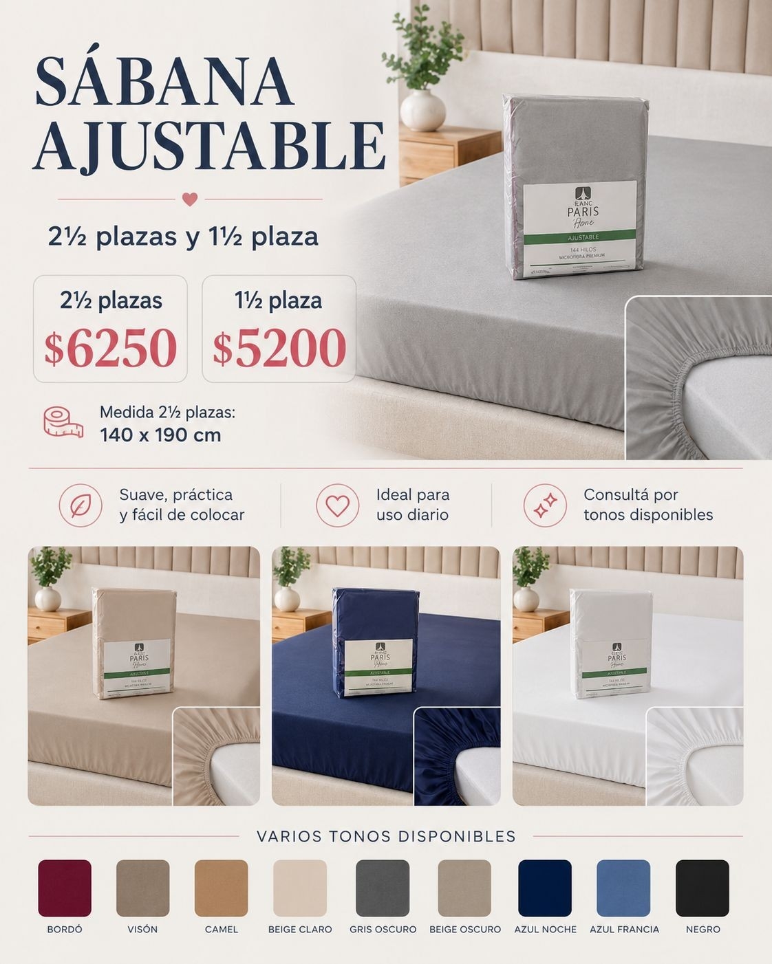 Sabanas Ajustables 1 1/2 Plaza - Blanco Paris - Imagen 4