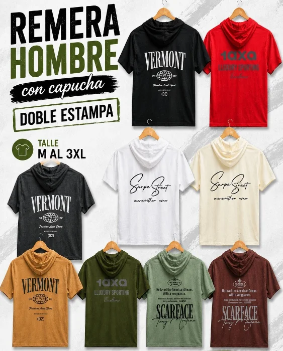 Remera Hombre con Capucha Doble Estampa