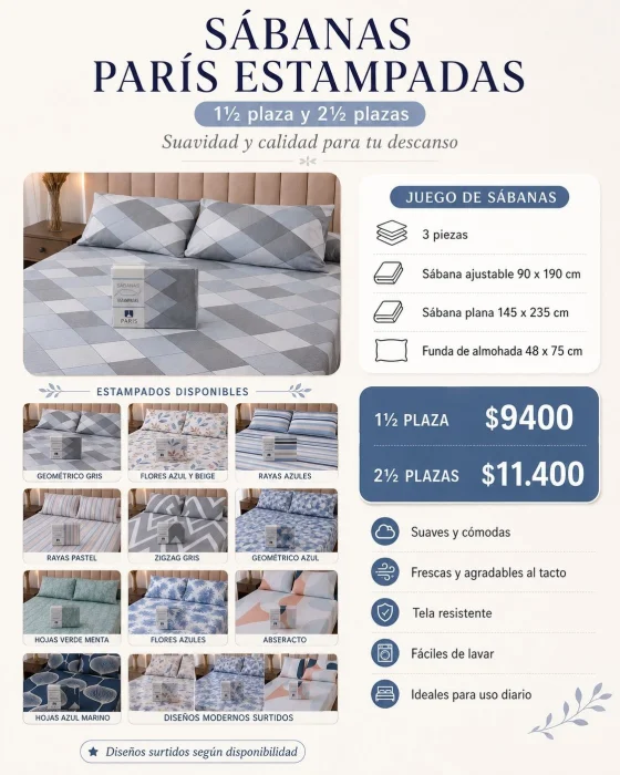 Sabanas Estampadas Paris de 1 1/2 y 2 1/2