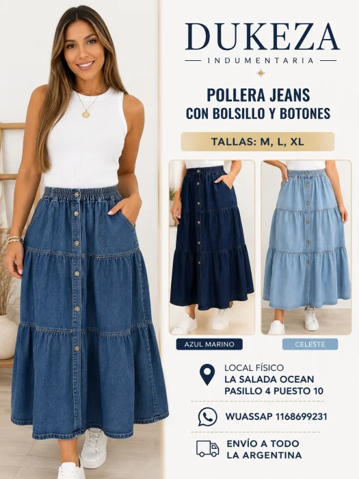 Pollera Jeans con Bolsillo y Botones