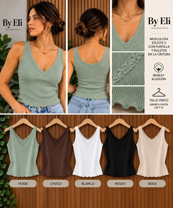 Musculosa Escote V con Puntilla.