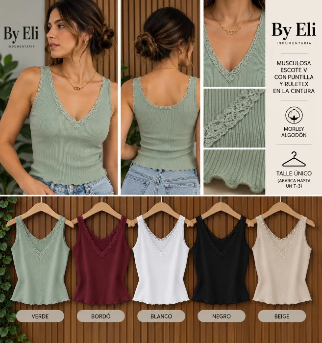 Musculosa Escote V con Puntilla.