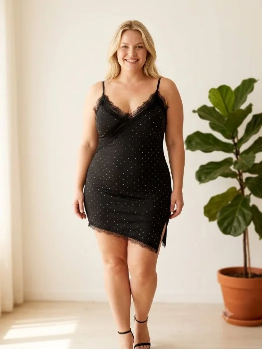 Vestido Pico con Tajo Puntilla Fleco