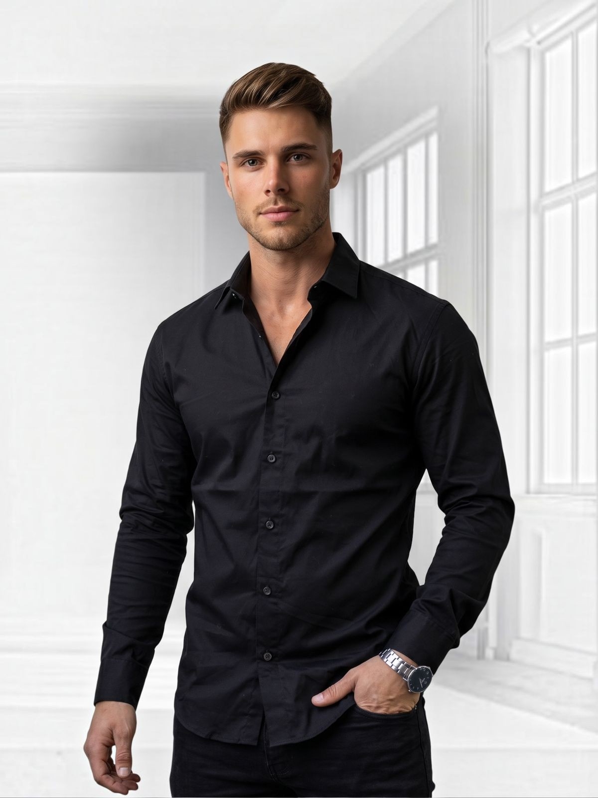 Camisa Liso Elastizado Slim Fit Manga Larga - Imagen 2