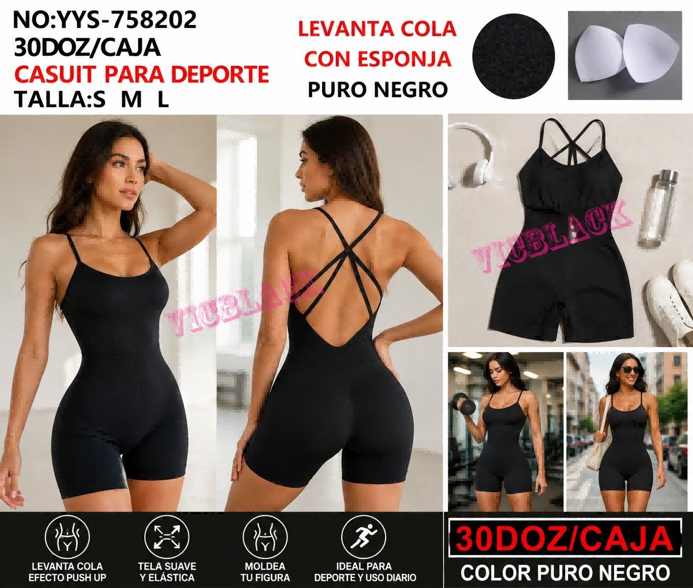 Catsuit con Tiritas a la Espalda Push Up,total Black.!! - Imagen 5