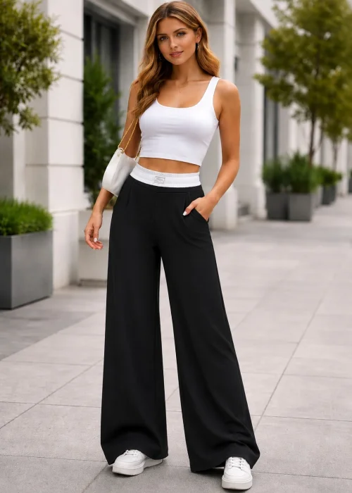 Pantalon Maxipalazo Lino Cey Bolsillos Cintura Combinada Bicolor