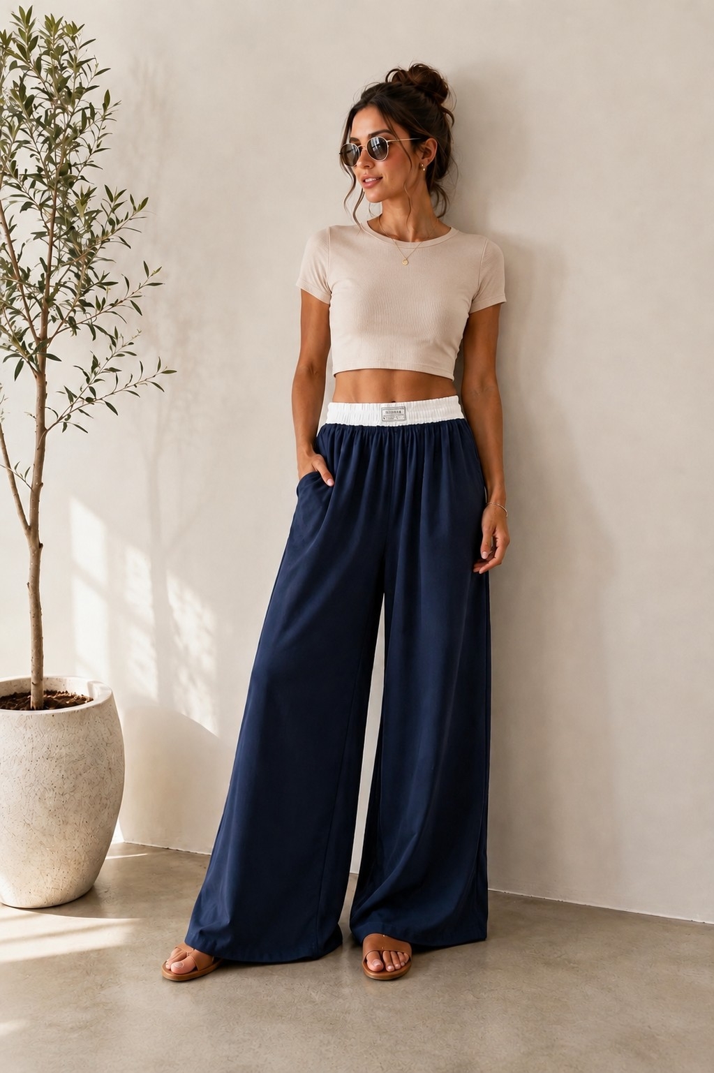 Pantalon Maxipalazo Lino Cey Bolsillos Cintura Combinada Bicolor - Imagen 3