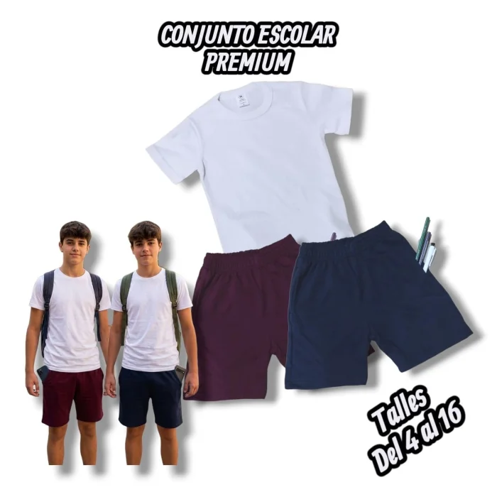 Conjunto Escolar Premium Short 
remera Blanca/ Short Rústico Marino -