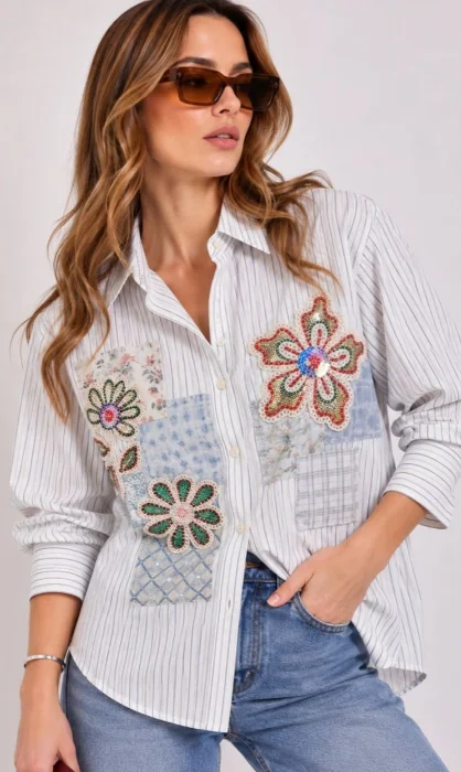 Camisa Bordada con Lentejuelas y Crochet Importado