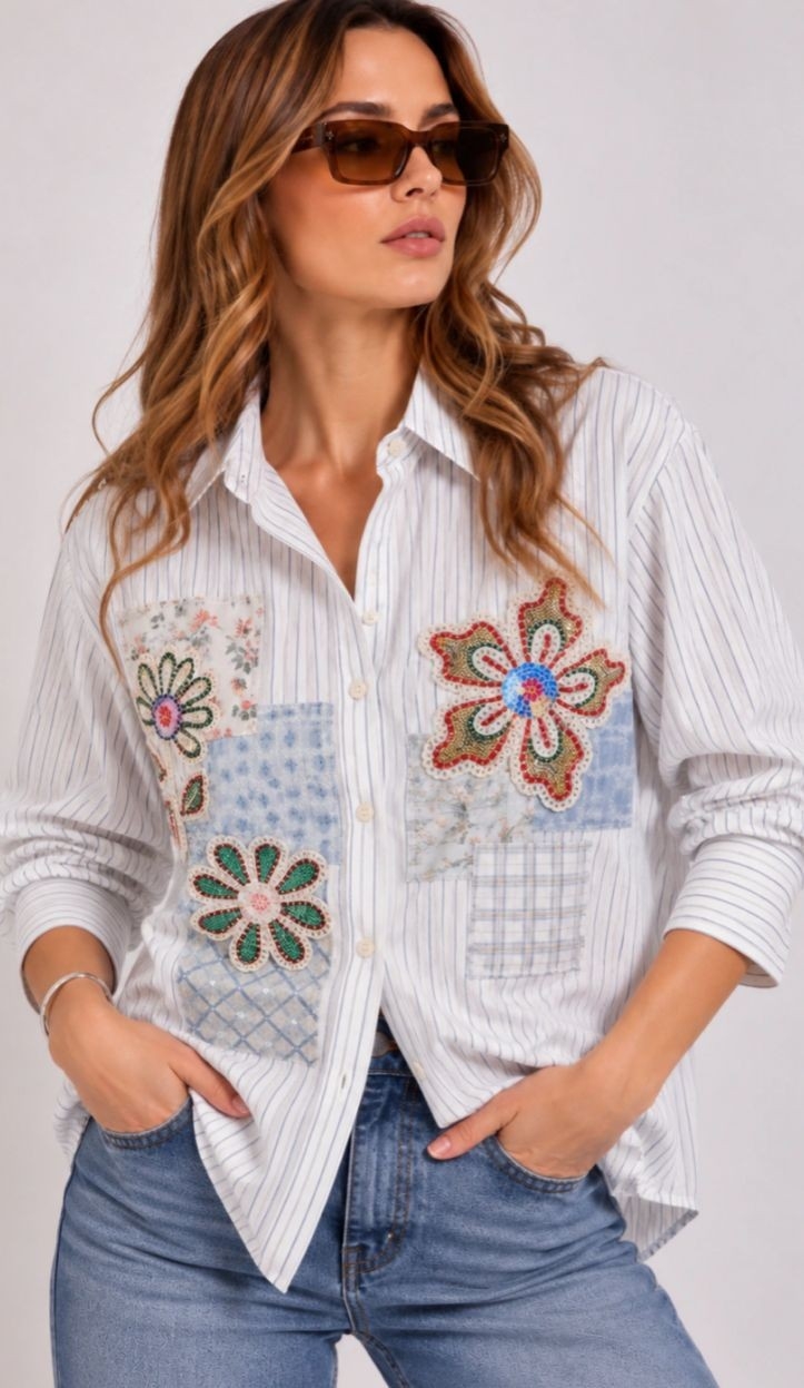 Camisa Bordada con Lentejuelas y Crochet Importado - Imagen 2